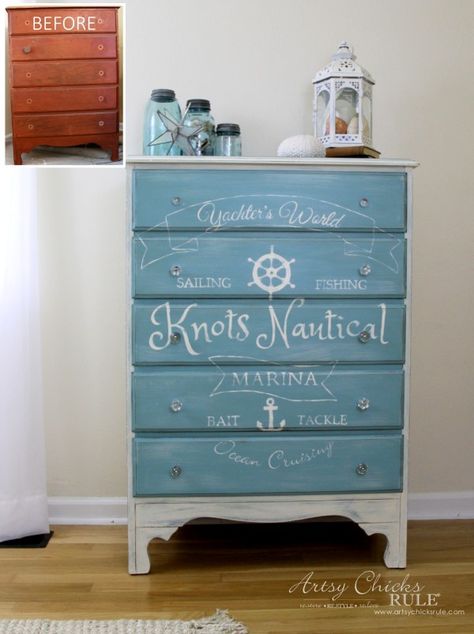 Nautical Chest | Before and After | Provence Chalk Paint® and Lettering | Project by Artsy Chicks Rule Nautical Furniture, Dresser Painted, Beach Room, Coastal Bedrooms, Annie Sloan Chalk Paint, Coastal Cottage, Annie Sloan, Redo Furniture, Shabby Chic Furniture