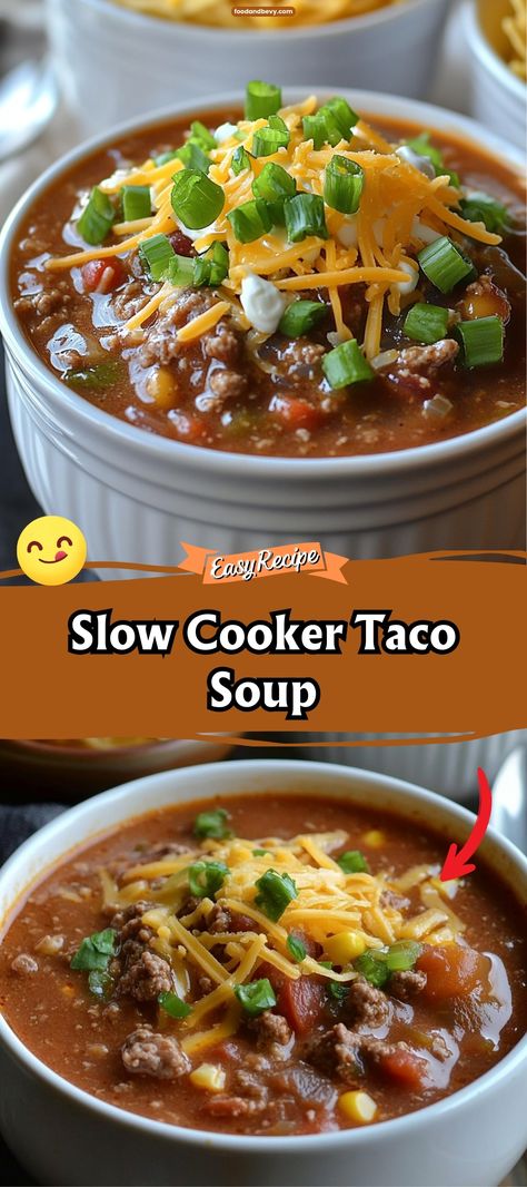 Spice up your dinner routine with Slow Cooker Taco Soup, a robust blend of ground beef, beans, corn, and tomatoes, seasoned with zesty taco spices. This effortless recipe is both filling and flavorful, making it a perfect crowd-pleaser for any occasion. Just set it in the slow cooker and enjoy! #TacoSoup #SlowCookerRecipes #EasyDinners Beef Tortilla Soup, Taco Soup Slow Cooker, Slow Cooker Taco Soup, Slow Cooker Taco, Beans And Corn, Taco Spice, Taco Soup Crock Pot, Mexican Flavors, Comfort Casseroles