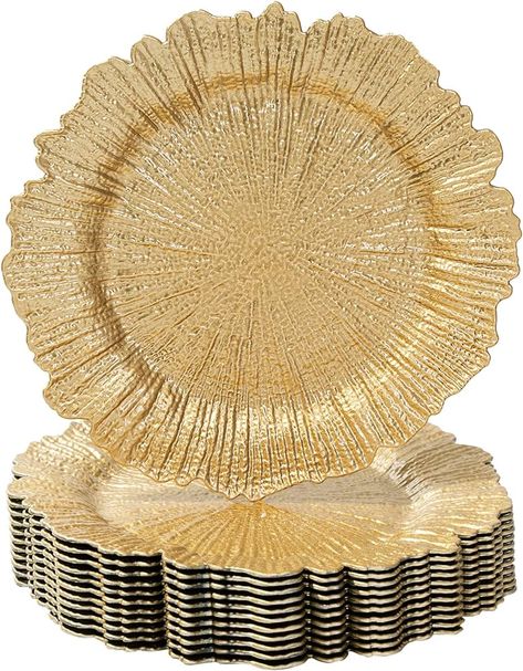 Amazon.com | MAONAME Gold Charger Plates Set of 12, Reef Plate Chargers for Dinner Plates, Plastic Decorative Plates for Table Setting, Thanksgiving, Christmas: Charger Plates Gold Charger Plate Setting, Table Setting Thanksgiving, Gold Charger Plates, Plate Chargers, Gold Charger Plate, Plastic Dinnerware Sets, Gold Napkin Rings, Gold Chargers, Gold Napkins