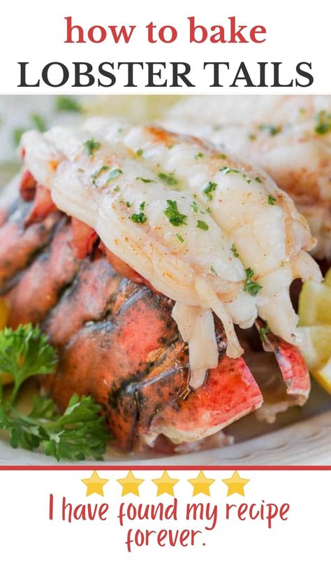 Lobster tails on a white serving plate with a review. Lobster Tail Oven, Broiled Lobster Tail, Easy Lobster Tail Recipe, Broiled Lobster Tails, Baked Lobster, Baked Lobster Tails, Lobster Tail Recipe, Frozen Lobster Tails, Broil Lobster Tail