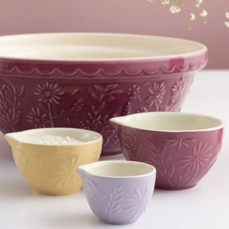 3 sizes and colors of measuring cups set on a counter with a mixing bowl. Purple Cups, Garden Cooking, Mason Cash, Measuring Cups Set, Batter Bowl, Perfect Cookie, The Meadows, Mixing Bowls, Spoon Set