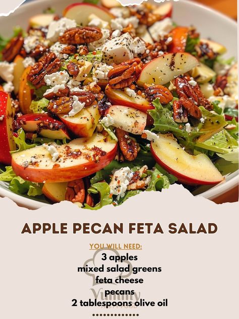 🍏🌰 Dive into the crispness of Apple Pecan Feta Salad, your new go-to fresh delight! #SaladDays #FreshEats 🍽️ Apple Pecan Feta Salad 🛒 Ingredients: 3 apples, sliced 150 grams mixed salad greens 100 grams feta cheese, crumbled 100 grams pecans, toasted 2 tablespoons olive oil 1 tablespoon balsamic vinegar Salt and pepper to taste 👩‍🍳 Instructions: Combine Salad: Toss apples, salad greens, feta cheese, and pecans in a large bowl. Dress: Whisk together olive oil, balsamic vinegar, salt, and p... Apples Salad, Apple Pecan Salad, Mixed Salad, Apple Glaze, Fresh Eats, Pecan Salad, Salad Greens, Apple Salad, Balsamic Dressing