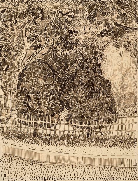 Vincent van Gogh - Park with Fence - Van Gogh Museum Van Gogh Drawings, Theo Van Gogh, Van Gogh Landscapes, Artist Van Gogh, Vincent Willem Van Gogh, Vincent Van Gogh Art, Nature Sketch, Arte Van Gogh, Landscape Sketch