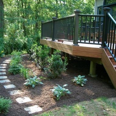 Tall Deck Landscaping Ideas, Landscaping Around High Decks, Landscaping Around Front Deck, Gardens Around Decks, Mulch Around Deck, Landscaping Around Back Deck, Landscaping Around Raised Patio, Deck Landscape Ideas, Landscaping Around Tall Deck