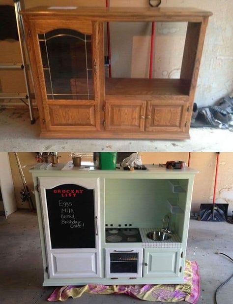 Repurposed Playhouse, Kids Kitchen Makeover, Diy Tv Console, Dresser Flip, Formal Room, Recycled Ideas, Diy Kids Kitchen, Playhouse Ideas, Montessori Parenting