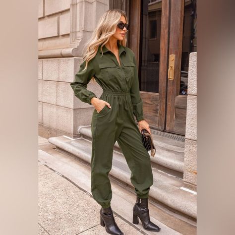 Nwt Cupshe Olive Collard Long Sleeve Jumpsuit Small. Very Stylish Olive/ Army Green Jumpsuit That Can Be Easily Dressed Up Or Down. Convenient Pockets, Zipper & Stretched Waist! New With Tags & Sealed. Smoke Free Environment Tags- Cupshe, Jumpsuit, 1 Piece, One Piece, Green, Army, Army Green, Olive, Olive Green, Forest, Forest Green, Aviators, Aviator, Aviator Jumpsuit, Jumper, Casual, Dress Up, Business Attire, Boho, Chic, Boho Chic, Night Out Green Utility Jumpsuit Outfit, Tactical Jumpsuit, Olive Jumpsuit Outfit, Green Romper Outfit, Utility Jumpsuit Outfit, Coveralls Outfit, Jeans Jumpsuits For Women, Army Green Jumpsuit, Olive Jumpsuit