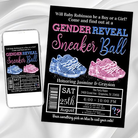 Sneakers Gender Reveal, Sneakers Gender Reveal Ideas, Soccer Gender Reveal Invitations, Gender Reveal Invitations Spanish, Gender Reveal Invitations Wear Pink Or Blue, Sneaker Ball, Invitations Ideas, Gender Reveal Invitations, Reveal Ideas