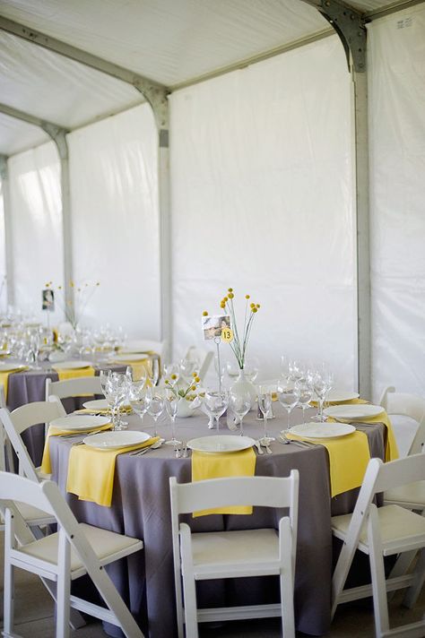 Grey Wedding Centerpieces, Purple And Grey Wedding, Purple Table Settings, Grey Wedding Theme, Yellow Grey Weddings, Yellow Wedding Theme, Purple Table, Gray Wedding, Grey Wedding