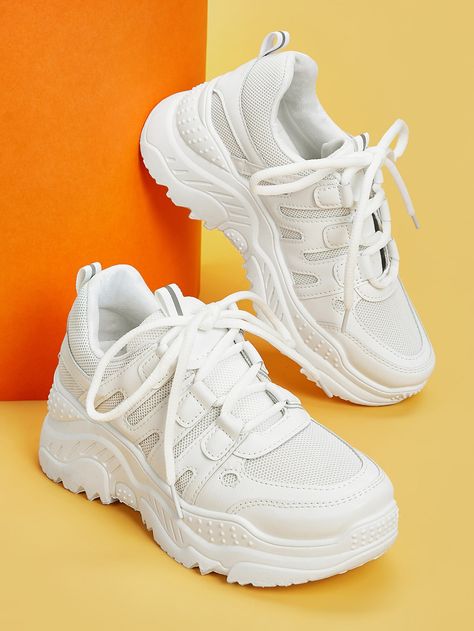 White Sporty    Plain Chunky Sneakers Embellished   Women Shoes Sepatu Platform, Casual Shoes Women Sneakers, Women Sports Shoes, White Nike Shoes, Nike Shoes Outfits, Kawaii Shoes, Nike Shoes Jordans, White Shoes Women