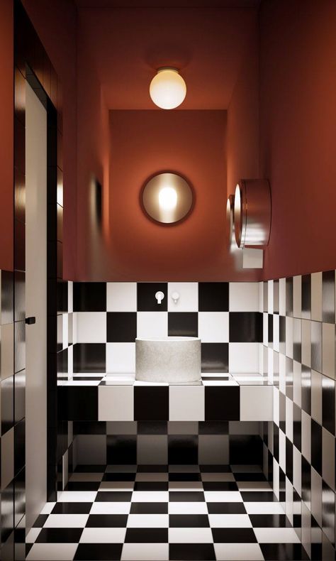 Modern Retro Interior Design, Interior Design Toilet, Pop Art Bathroom, Restaurant Bathroom, Restroom Design, Retro Interior Design, Airbnb Design, Art Deco Bathroom, Washroom Design