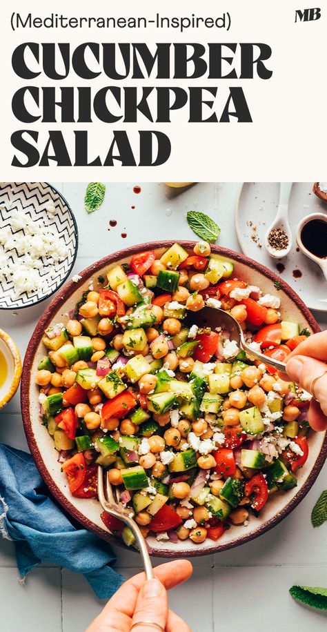 Cucumber Chickpea Salad, Cucumber Mint Salad, Vegan Salad Dressing Recipes, Mediterranean Salad Recipe, Summer Side Dish, Mint Salad, Cucumber Tomato Salad, Minimalist Baker, Herb Roasted Chicken