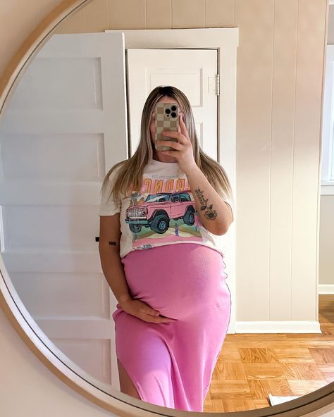 37 weeks pregnant, pregnancy outfits, pregnant out, pink dress pregnant, graphic tee with dress, pregnancy aesthetic Plus Size Bump Outfits, Graphic Tee With Dress, Midsize Pregnancy Bump, Pink Dress Pregnant, Mid Size Pregnancy, Mid Size Maternity Outfits, Midsize Pregnancy Outfits, Plus Size Pregnancy Outfits, Curvy Pregnancy Fashion