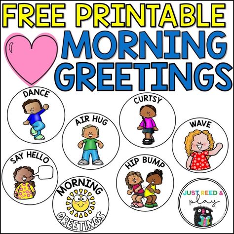 These free printable morning greeting choices are perfect for social distancing greetings with minimal or no contact!  Use these in your classroom to cut down on the spread of germs. Peanuts Classroom, English Kindergarten, Closing Circle, Morning Meeting Greetings, Helper Jobs, Greeting Ideas, Ideas For The Classroom, Greetings For The Day, Greeting Sign