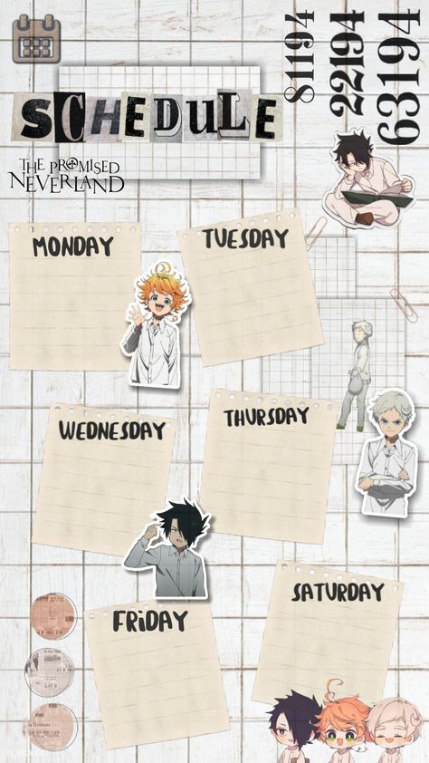 Schedule templates anime by me; The Promised Neverland Anime Schedule Template School, Anime School Timetable, Anime Timetable Template, Anime Book Cover Ideas, Anime Planner Template, Cute Schedule Templates, Schedule Templates Anime, Anime Timetable, Timetable Design