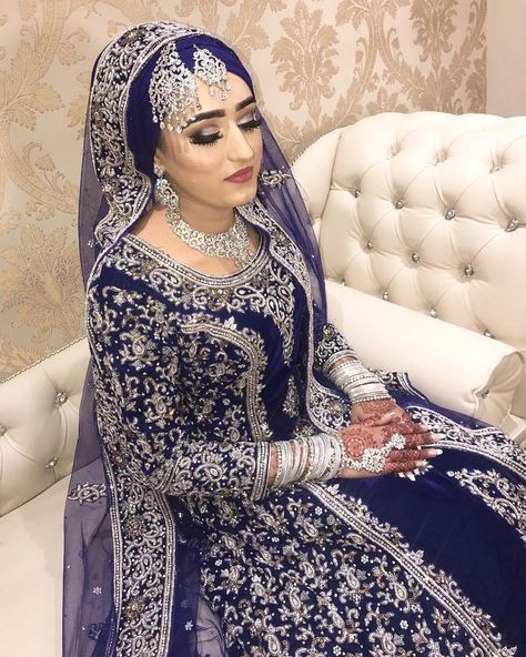 Navy Blue Indian Wedding Dress, Dark Blue Pakistani Bridal Dress, Blue Pakistani Bridal Dress, Blue Indian Wedding Dress, Muslim Bridal Dress, Velvet Gowns, Celestial Garden, Blue Wedding Dress Royal, Hijab Brides