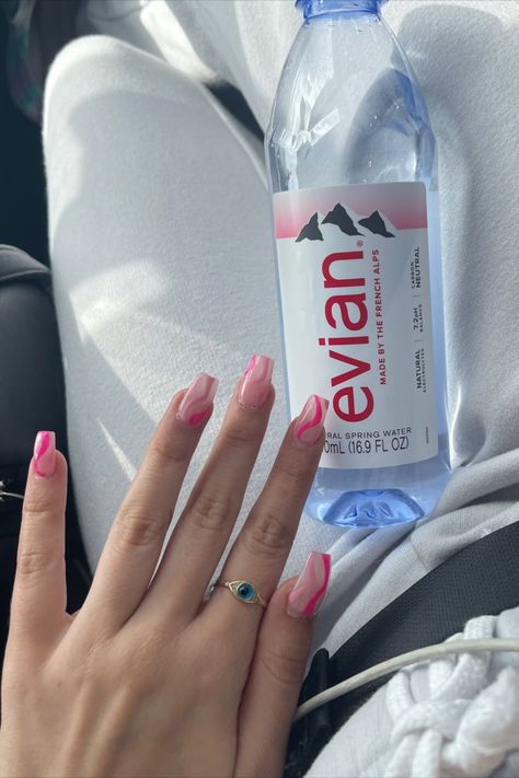 Pink Swirl Nails Coffin, Swirl Nails Coffin, Pink Swirl Nails, Swirl Nail, Natural Electrolytes, Swirl Nails, Evian Bottle, School Nails, Pink Swirls