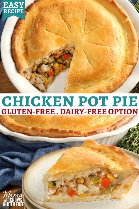 An easy recipe for gluten-free chicken pot pie. The classic double crust pot pie filled with chicken, vegetables, and a creamy sauce. This gluten-free chicken dinner recipe also has a dairy-free option. Dairy Free Chicken Pot Pie, Mama Knows Gluten Free, Gluten Free Chicken Pot Pie, Pillsbury Gluten Free, Chicken Pot Pie Filling, Homemade Chicken Pot Pie, Pot Pie Filling, Gluten Free Main Dishes, Gluten Free Pie