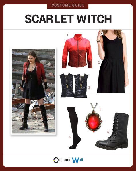 Dress like Marvel superhero Scarlet Witch, played by Elizabeth Olsen, Quicksilver's twin sister and the Avengers member. Witch Halloween Costume Diy, Scarlet Witch Halloween, Marvel Halloween Costumes, Witch Costume Diy, Marvel Inspired Outfits, Scarlet Witch Costume, Scarlet Witch Cosplay, Avengers Costumes, Avengers Outfits