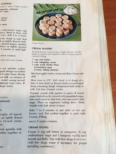 Cream Wafers cookies, from Betty Crocker cookbook c.1969 Cream Wafers Betty Crocker, Cream Wafers Cookies, Betty Crocker Brownies, Cream Wafer Cookies Recipe, Cream Wafer Cookies, Betty Crocker Frosting, Wafer Cookie Recipe, Cream Wafers, Cookies 2023