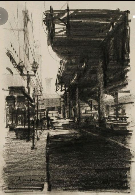 Croquis Architecture, Landscape Sketch, Charcoal Sketch, Charcoal Art, Landscape Drawings, Urban Sketching, Architecture Sketch, Dieselpunk, Urban Landscape