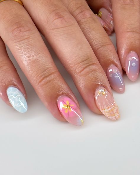 summer freestyle for maddie ��🌺🫧🐚 i’m actually so in love with how this set turned out omg and it was so fun to make the water nail likeeee look how realistic?? love. #nails #nailart #summernails #summer #gelx #gel #gelnails #vbeautypure #apresgelx #après #vbp #nailinspo #nailinspiration #gelextensions #almondnails Nails That Go With Everything, Bali Nails, Cruise Nails, Hoco Nails, August Nails, Water Nails, Cute Nail Art Designs, Edgy Nails, Summery Nails