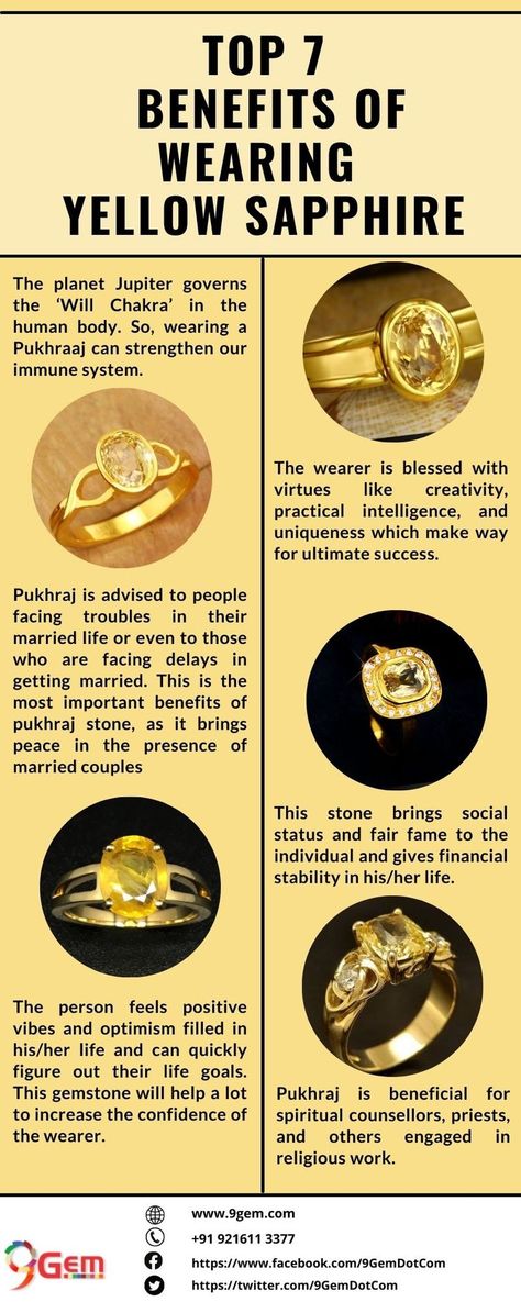 The wearer of yellow sapphire gets the knowledge of the l happiness, physical power, cleverness, long life, good health, glory and mental peace. Lets have look in this infographic you will get to know top 7 benefits of wearing yellowsapphire gemstone. https://wa.me/919216116688 Sapphire Meaning, Devotional Topics, Mental Peace, Yellow Stone, Crystal Meanings, Sapphire Stone, Yellow Sapphire, Married Life, Sapphire Gemstone