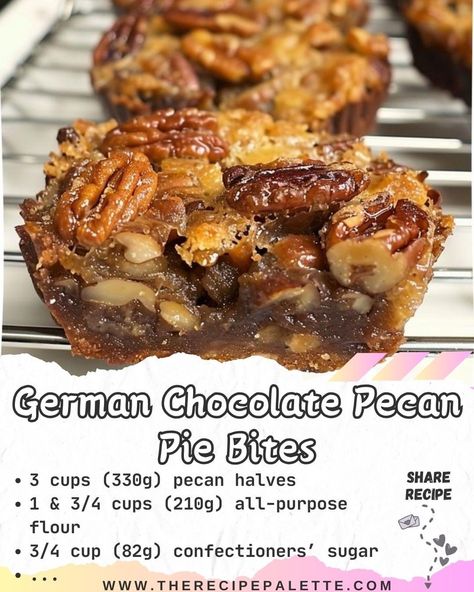 Peacon Bars, German Chocolate Pecan Pie Bites, German Chocolate Pecan Pie, Pecan Bites, Pecan Pie Bites, Just Pies, Pecan Desserts, Best Pecan Pie, Pecan Pies