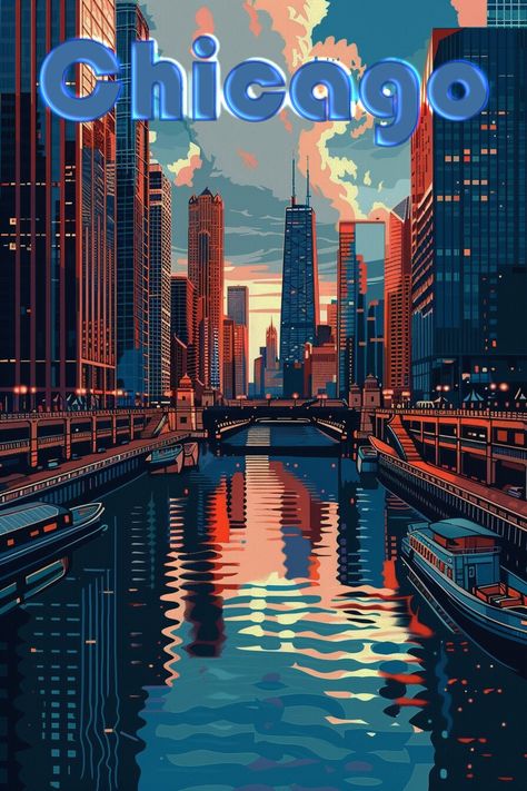 A wonderful Chicago Travel Poster a wonderful gift for any city lover. Download available immediately after purchase. Thanks for your business Chicago Drawing, Chicago Graphic Design, Chicago Art Print, Chicago Cityscape, Wall Art Cool, Chicago Aesthetic, City Posters Design, Chicago Wall Art, Things To Do In Chicago