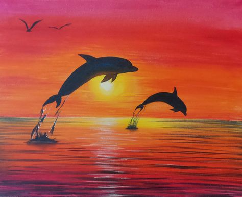 Dolphin Sunset Painting, Dolphin Painting Easy, Painting Dolphins, Undersea Painting, Dolphin Drawing, Easy Scenery Drawing, Kinkade Paintings, Dolphin Painting, V Art