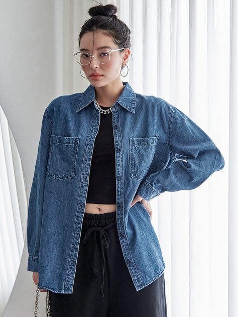 Medium Wash Casual  Long Sleeve Denim Plain Shirt  Non-Stretch  Women Denim Denim Long Sleeve Shirt Outfit, Denim Blouse Outfit, Shirt Jacket Outfit Women, Denim Blouse Outfits, Shirt Jacket Outfit, Denim Blouse Women, Long Sleeve Shirt Outfits, Denim Top Women, Jacket Outfit Women