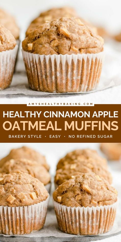 These Healthy Cinnamon Apple Oatmeal Muffins are a perfect fall treat! Moist and full of cozy spices, these oat muffins are one of the best apple recipes. This easy healthy breakfast is also clean eating, low fat, and low sugar with a gluten free option! Apple Cinnamon Oatmeal Bites, Maple Apple Oatmeal Muffins, Low Carb Apple Cinnamon Muffins, Healthy Fall Breakfast Muffins, Healthy Gluten Free Apple Muffins, Healthy Apple Cinnamon Muffin Recipes, Apple And Oats Muffins, Healthy Apple Banana Muffins, Apple Quinoa Muffins