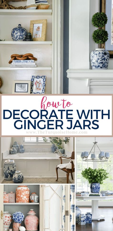 Explore ways to decorate with ginger jars and temple jars to bring beauty, color, and refinement to every room of your home. Ginger Jars Decor, Decorating With Ginger Jars, Living Room Mantel, Ginger Jar Lamp, White Ginger Jars, Kitchen Counter Decor, Counter Decor, Home Decorating Ideas, Affordable Home Decor