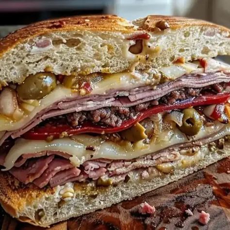 Muffaletta Sandwich Recipe Muffaletta Bread, Muffaletta Recipe, Muffuletta Recipe, Chopped Cheese Sandwich, Boat Recipes, Muffaletta Sandwich, Crunchy Bread, Muffuletta Sandwich, Chicken Spinach Pasta