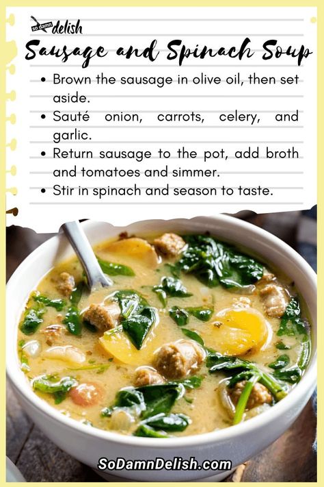 Sausage and Spinach Soup Sausage Spinach Orzo Soup, Spinach And Sausage Soup, Sausage Spinach Soup, Sausage And Spinach Soup, Stove Recipes, Spinach Soup Healthy, Soup With Spinach, Sausage And Spinach, Spinach Soup Recipe