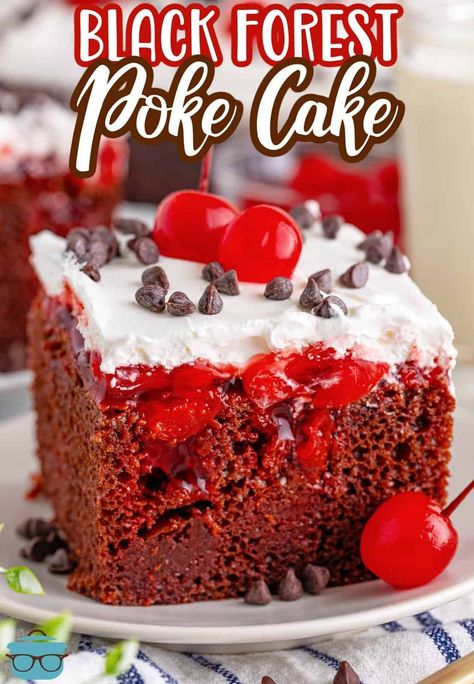 This easy Black Forest Poke Cake is the perfect combo of flavors. A chocolate cake oozing with cherry filling and a fluffy whipped topping! Poke Cake With Jello, Black Forest Poke Cake, Tornado Cake, Holiday Deserts, Lush Cake, Texas Tornado, Black Forrest, Chocolate Poke Cake, Jello Cake