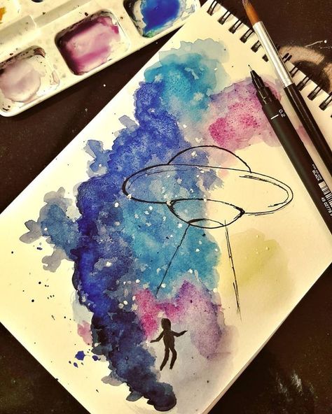 Galaxy With Markers, Emo Watercolor Paintings, Alien Watercolor Painting, Spaceship Watercolor, Trippy Watercolor Art, Aliens Sketch, Alien Watercolor, Alien Sketch, Galaxy Illustration