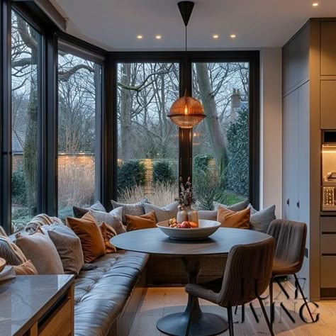 Corner Window Dining Room, Dark To Light Room Transition, Solarium Breakfast Nook, Old Stone House Interior Design, Table In Front Of Sliding Glass Door, Window Nook Kitchen, Cosy Dining Area, Cozy Kitchen Seating, Cozy Keeping Room Off Kitchen