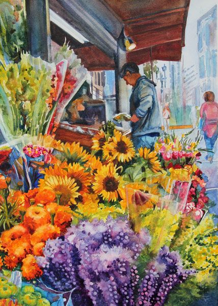 Market Scene Watercolour Painting, Flower Market Watercolor, Flower Market Painting, Flower Market Drawing, Flower Shop Drawing, Flower Shop Painting, Market Scene Painting, Flower Vendor, Flower Market Art