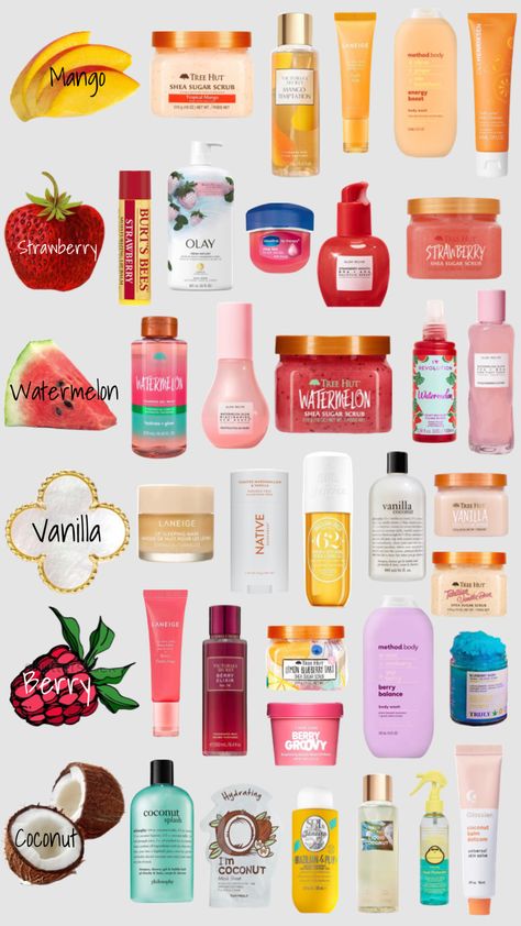 Scented products! #beauty #skincare #makeup #mango #strawberry #berry #coconut #watermelon #vanilla #selfcare #pinkmouse #beautyinspo #aesthetic #vibes #fyp #shuffles #pintrest Summer Self Care Products, Strawberry Beauty Products, Beach Esencial, Strawberry Smell Aesthetic, How To Smell Like Watermelon All Day, Best Summer Skincare Products, Pov You Smell Like Watermelon, Strawberry Skincare, How To Smell Like Tropical Fruit