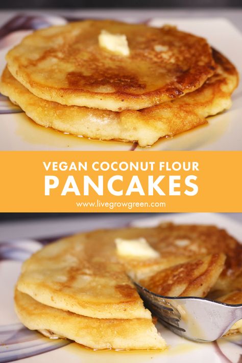 Vegan Coconut Flour Pancakes | Live Grow Green | Made from coconut flour, this pancake recipe is an easy to make vegan breakfast idea. #veganrecipes #veganbreakfast #veganbreakfastideas #veganpancakes #coconutflour Vegan Coconut Flour Pancakes, Vegan Breakfast Recipes Healthy, Coconut Flour Pancakes, Plant Based Recipes Breakfast, Coconut Pancakes, No Flour Pancakes, Flour Pancakes, Quick Vegan Meals, Healthy Vegan Breakfast