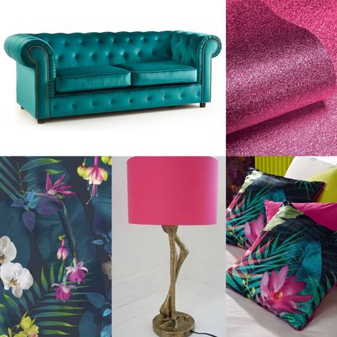 Magenta Walls Living Room, Pink Teal Living Room, Pink And Teal Decor, Emerald Green And Pink Living Room, Pink Conservatory, Teal Wall Bedroom Ideas, Pink And Teal Living Room, Tropical Conservatory, Pink And Teal Bedroom