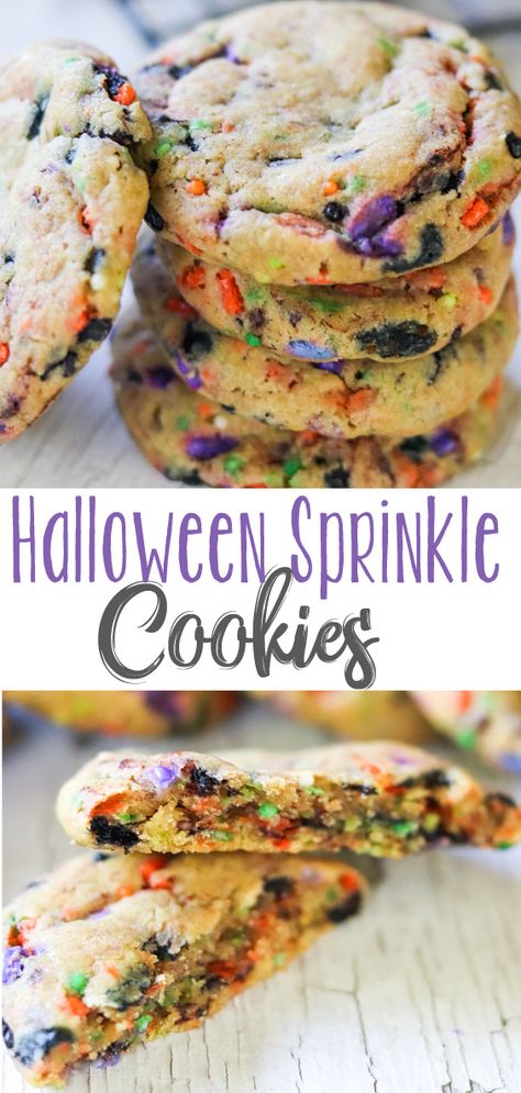 These Halloween Sprinkle Cookies are soft, thick, buttery dough baked to perfection and with adorable Halloween sprinkles to boot. Can we get any cuter than this? #HalloweenTreatsWeek #sponsored Halloween Fingerfood, Biscuits Halloween, Cookies Halloween, Halloween Sprinkles, Bakewell Tart, Halloween Baking, Devils Food, Sprinkle Cookies, Oreo Dessert