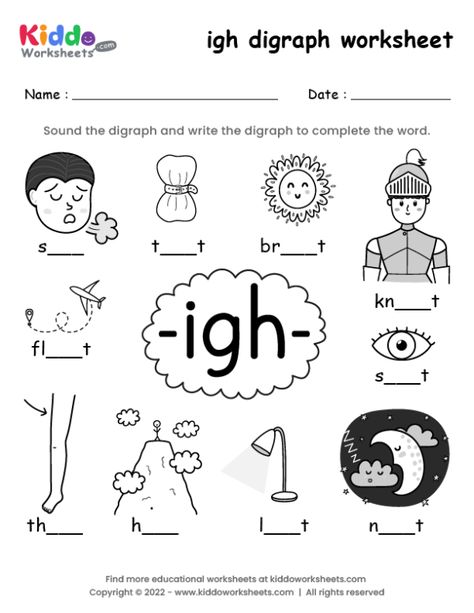 Free Printable igh digraph worksheet - kiddoworksheets Ie Phonics Worksheets, Igh Words Worksheets, Igh Worksheets, Vowel Digraphs Worksheets, Igh Words, Digraph Activities, Digraphs Worksheets, Free Printable Alphabet Worksheets, Phonics Worksheets Free