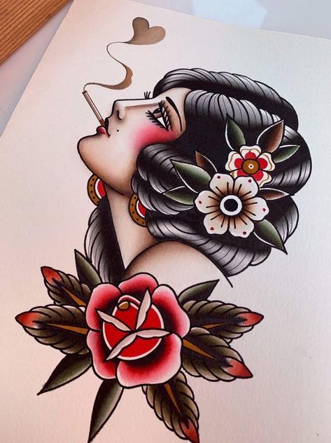 Tattoo Art Prints, Tato Irezumi, Traditional Tattoo Prints, Traditional Tattoo Woman, Tato Tradisional, Lady Tattoo, Vintage Tattoo Art, Traditional Tattoo Old School, Vintage Tattoo Design