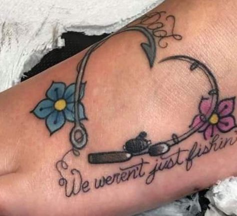 Fishing Tattoos For Women Memorial, Feminine Fishing Tattoo, Unique Memorial Tattoos Dad, Fishing Memorial Tattoo, Fishing Boat Tattoo, Hook Tattoo, Train Tattoo, Fishing Hook Tattoo