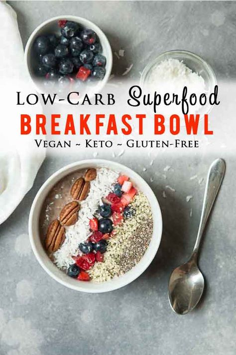 Jump-start your morning with this quick and easy overnight low-carb Superfood Breakfast Bowl made with chia seeds, hemp seeds, unsweetened coconut, and berries! It's vegan, keto, gluten-free, and packed with protein, healthy fats, and fiber! #veganketorecipe #breakfastbowl #superfoods #veganbreakfastrecipe Easy Breakfast Bowls, Superfood Breakfast Bowl, Breakfast Bowl Vegan, Superfood Breakfast, Seed Recipes, Vegan Keto Recipes, Coconut Protein, Vegan Brunch, Eating Breakfast