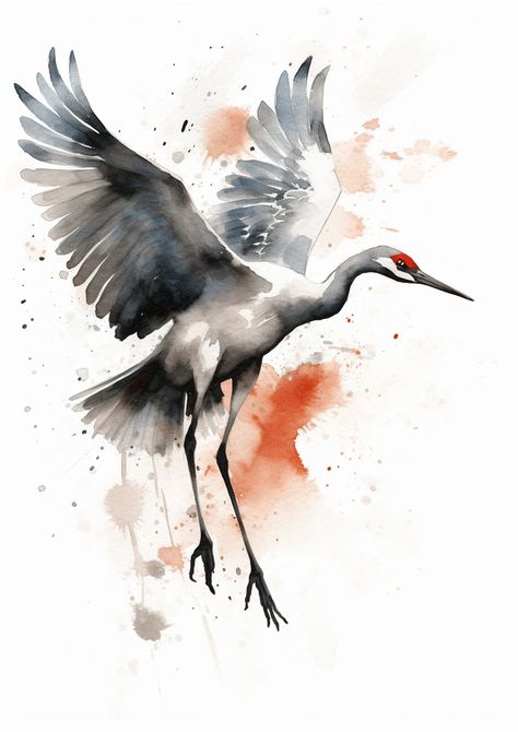 Crane Watercolor, Crane Drawing, Stitch Cross Stitch Pattern, Crane Tattoo, Black Bird Tattoo, Japanese Ink Painting, Heron Art, Japanese Bird, Cross Stitch Cross