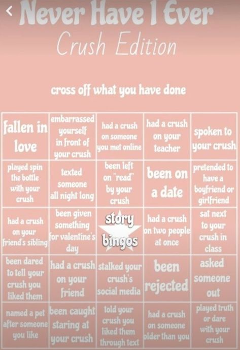 Crush Bingo, Crush Stories, Instagram Story Questions, Bingo Template, Truth And Dare, Friend Activities, Love Teacher, Online Teachers, Never Have I Ever