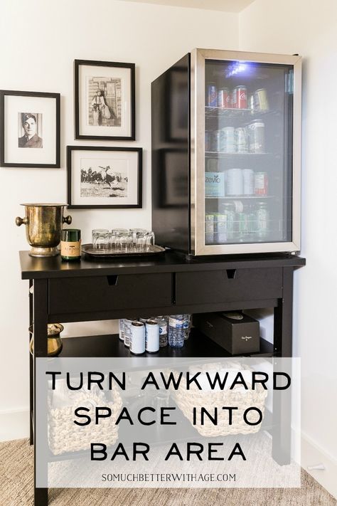 DIY Bar in a Basement | So Much Better with Age | Do you want a bar area but don’t have the space? See how I converted this awkward space in our house to a bar area! I’m also sharing my favorite bar carts. #barcart #cocktail Ikea Sofa Table, Styling Bar Cart, Long Narrow Living Room, Country Bar, Farmhouse Makeover, Modern Bar Cart, Wine Aesthetic, Space Bar, Corner Bar