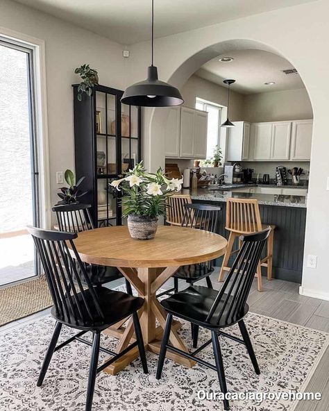 Wooden Round Kitchen Table, Modern Boho Dining Room Round Table, Black Hutch Dining Room, Modern Boho Dining Room, Simple House Interior Design, Raised Ranch, Boho Dining Room, Round Kitchen Table, Dining Room Hutch